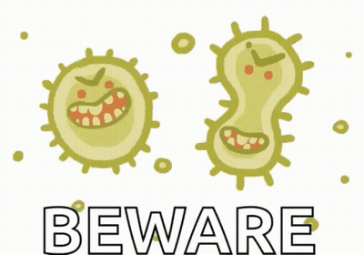 A Sign That Says Beware With A Picture Of A Virus GIF
