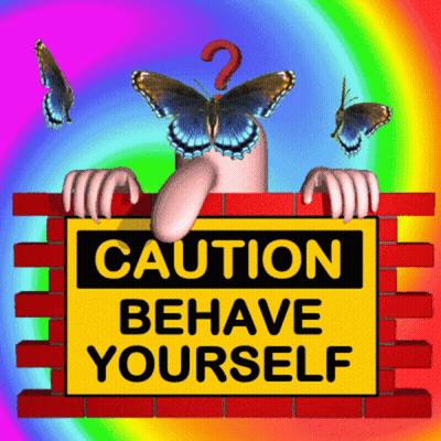 A Sign That Says Caution Behave Yourself With A Butterfly GIF