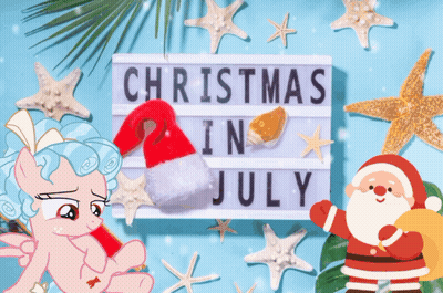 A Sign That Says Christmas In July With A Pony And Santa GIF
