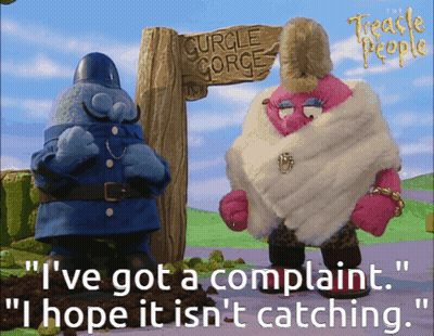 A Sign That Says Curcle Gorge Is Behind Two Stuffed Animals GIF