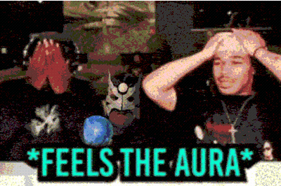 A Sign That Says " Feels The Aura " With A Man Holding His Head GIF