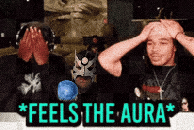 A Sign That Says " Feels The Aura " With Two People Covering Their Faces GIF