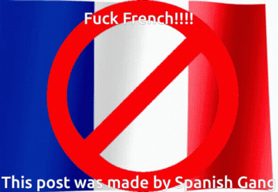 A Sign That Says Fuck French With A Red White And Blue Flag In The Background GIF