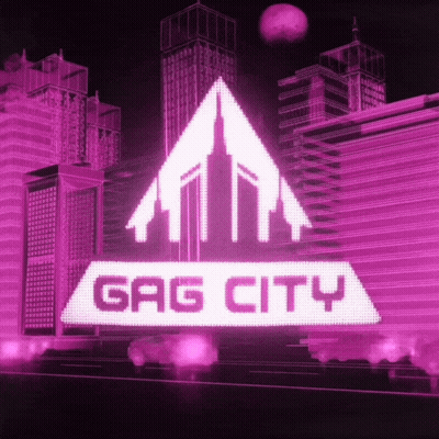 A Sign That Says Gag City In Front Of A City Skyline GIF