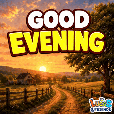 A Sign That Says Good Evening With A Picture Of A Sunset GIF