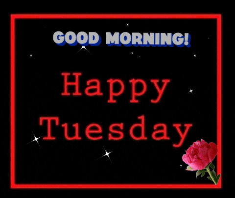 A Sign That Says Good Morning Happy Tuesday With A Pink Flower GIF