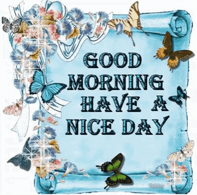 A Sign That Says Good Morning Have A Nice Day Surrounded By Butterflies GIF