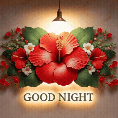 A Sign That Says Good Night With Flowers And Leaves On It GIF