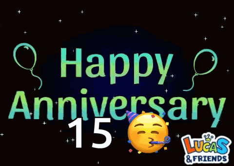 A Sign That Says Happy Anniversary 15 With A Smiley Face Holding A Party Horn GIF