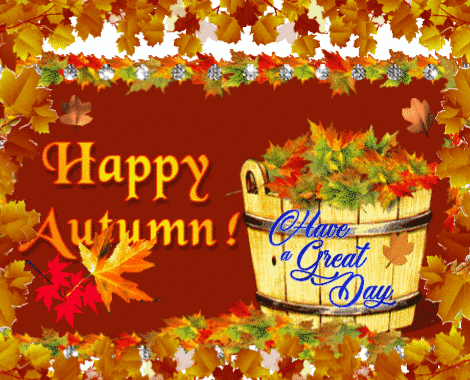A Sign That Says Happy Autumn And Has A Bucket Full Of Leaves GIF