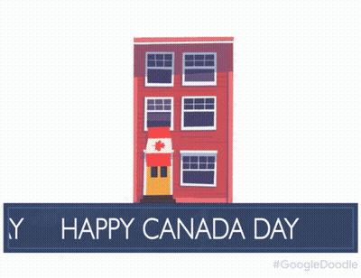 A Sign That Says Happy Canada Day With Three Houses GIF