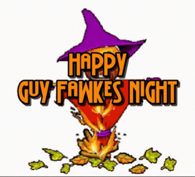 A Sign That Says Happy Guy Fawkes Night With A Witch Hat On GIF