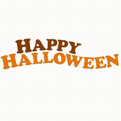 A Sign That Says Happy Halloween In Orange On A White Background GIF