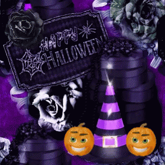 A Sign That Says Happy Halloween Is Surrounded By Pumpkins And Roses GIF