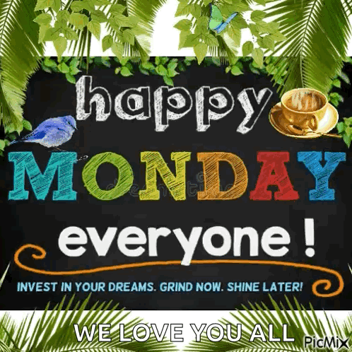 A Sign That Says Happy Monday Everyone With A Bird And A Cup Of Coffee GIF