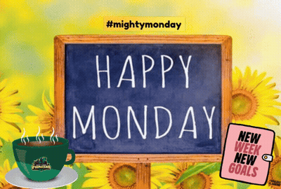 A Sign That Says Happy Monday Next To Sunflowers GIF