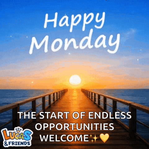 A Sign That Says Happy Monday With A Sunset In The Background GIF