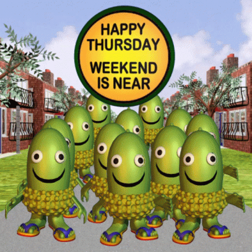 A Sign That Says Happy Thursday Weekend Is Near Is Surrounded By Cartoon Characters GIF