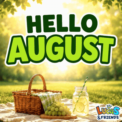 A Sign That Says Hello August With A Basket Of Grapes GIF
