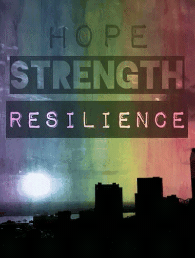 A Sign That Says Hope Strength Resilience With A Rainbow Background GIF