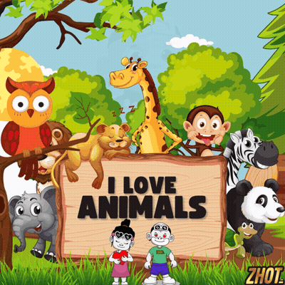 A Sign That Says " I Love Animals " Is Surrounded By Cartoon Animals GIF
