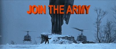 A Sign That Says Join The Army With A Statue In The Background GIF