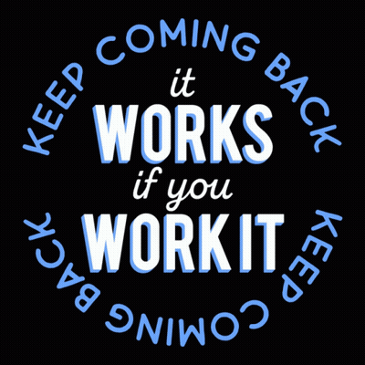 A Sign That Says " Keep Coming Back " And " It Works If You Work It " GIF