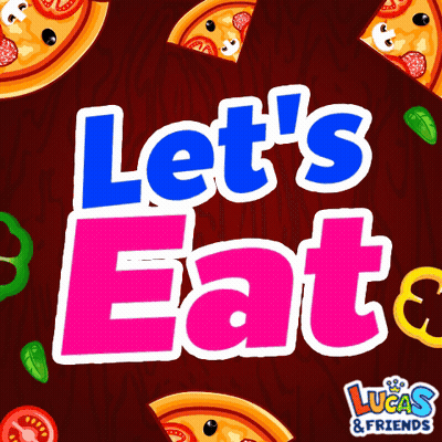 A Sign That Says Let 'S Eat With Pizza Slices On It GIF