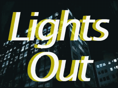 A Sign That Says Lights Out On A Dark Background GIF