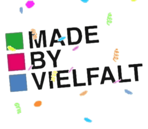 A Sign That Says Made By Vielfalt With Confetti Falling Around It GIF