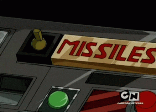 A Sign That Says Missiles On It With A Green Button Below It GIF