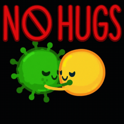 A Sign That Says No Hugs With A Green Virus And A Yellow Smiley Face On It GIF