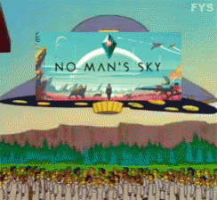 A Sign That Says No Man 'S Sky In Front Of A Crowd GIF