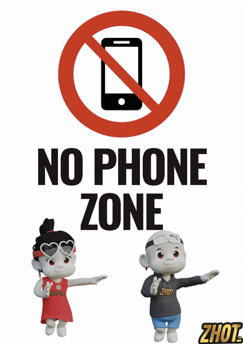 A Sign That Says No Phone Zone With Two Characters GIF
