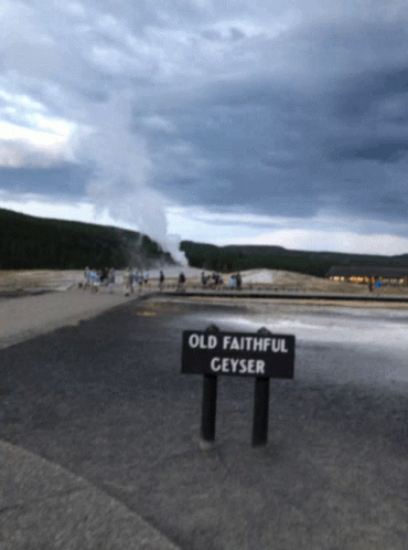 A Sign That Says Old Faithful Geyser In Front Of People GIF