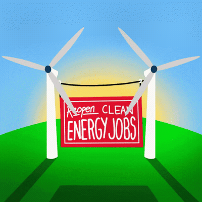 A Sign That Says " Open Clean Energy Jobs " Hangs From Two Windmills GIF
