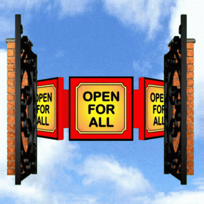 A Sign That Says Open For All Is On A Brick Wall GIF