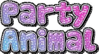 A Sign That Says Party Animal In Purple And Blue Sticker