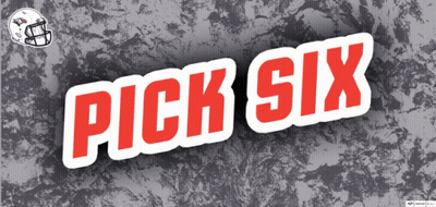 A Sign That Says Pick Six With A Football Helmet In The Background GIF