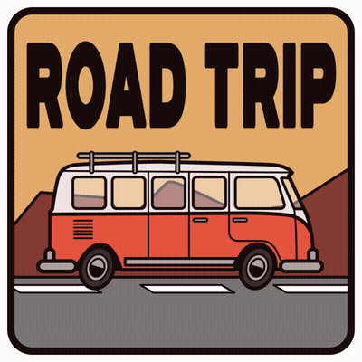 A Sign That Says Road Trip With A Red Van On It GIF