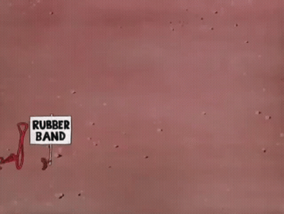 a sign that says rubber band hanging from a string
