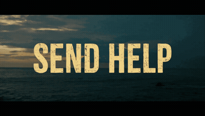 A Sign That Says Send Help On It In Front Of The Ocean GIF