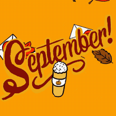 A Sign That Says September With A Cup Of Coffee And Leaves GIF