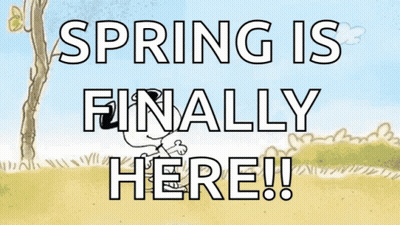 A Sign That Says Spring Is Finally Here With Snoopy On It GIF