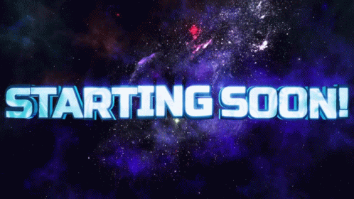 A Sign That Says Starting Soon In Front Of A Galaxy Background GIF