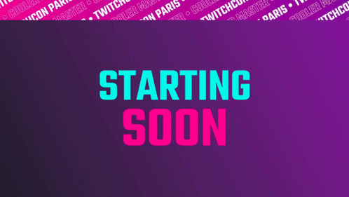 A Sign That Says Starting Soon In Pink And Blue GIF