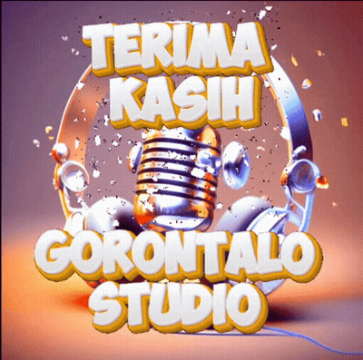A Sign That Says Terima Kasih Gorontalo Studio With A Microphone And Headphones In The Background GIF
