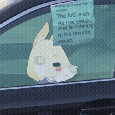 A Sign That Says " The A/c Is On " Hangs From The Window Of A Car GIF