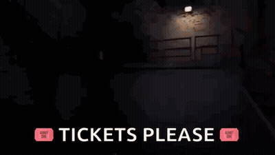 A Sign That Says ' Tickets Please ' In Front Of A Mask GIF