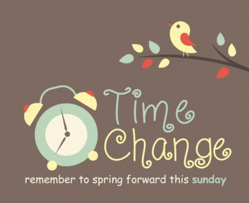A Sign That Says Time Change With An Alarm Clock And A Bird GIF